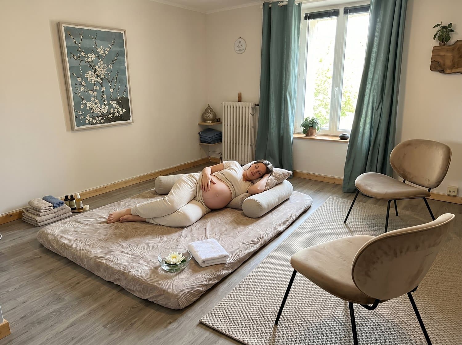 Massage prénatal, future maman installée sur le côté sur le futon, cabinet Quiétude à Brest.