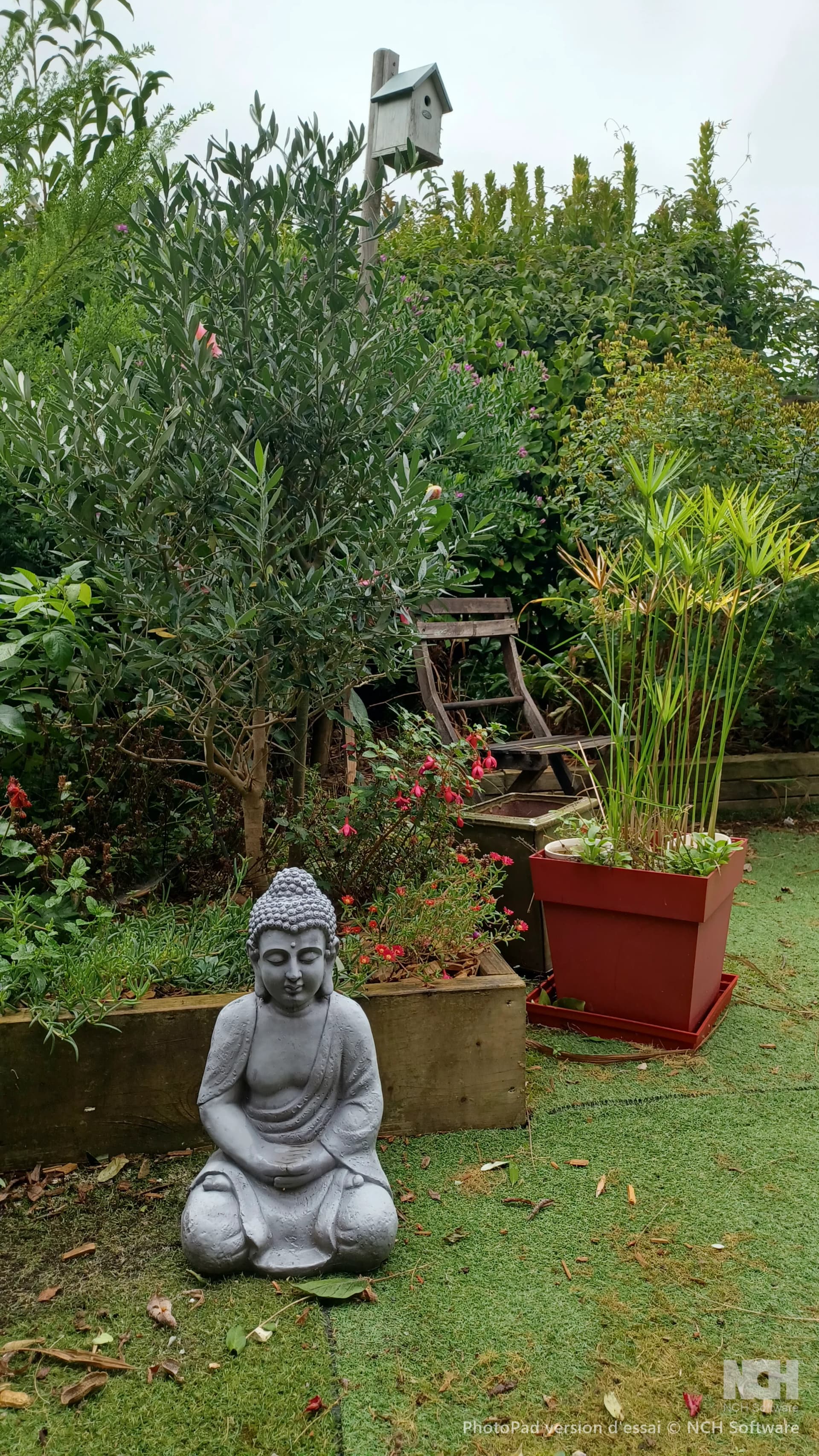 Le jardin de Quiétude à Brest, statue de Bouddha au pied des plantes et des fleurs.